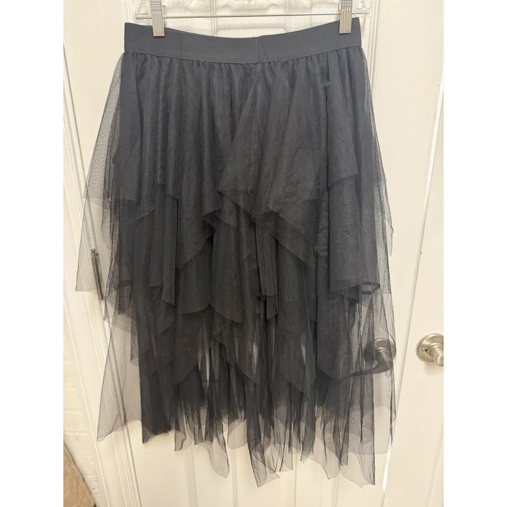 Black Layered Tulle Midi Skirt L Gothic Whimsy Goth Fairy Grunge Halloween